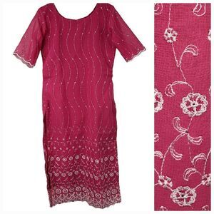 Girls M 6/8 Pink Embroidered Silk Chiffon Kameez Indian Pakistani Kurta Tunic